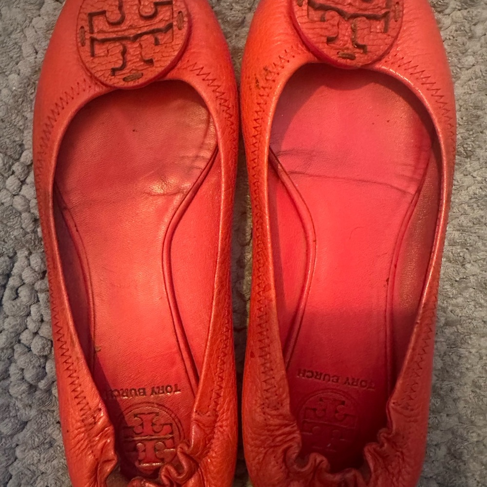 Tory Burch Red Leather Flats with Iconic Logo